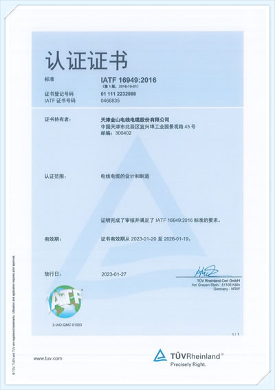 金山線纜TUV認(rèn)證證書